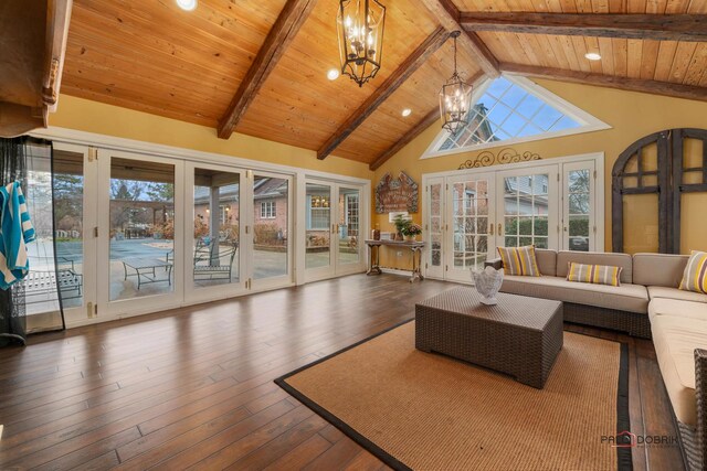 36955 N Fox Hill Dr, Wadsworth, IL 60083 - living area featuring a chandelier, french doors, a wooden ceiling with exposed beams, healthy amount of natural light, and wood-type flooring