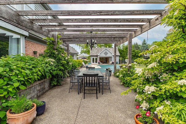 36955 N Fox Hill Dr, Wadsworth, IL 60083 - view of patio / terrace with a pergola, a storage structure, an outdoor pool, and outdoor dining area