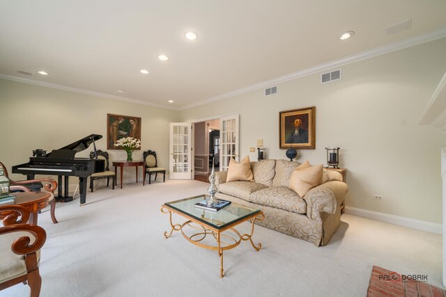 36955 N Fox Hill Dr, Wadsworth, IL 60083 - carpeted living room featuring ornamental molding, recessed lighting, and french doors