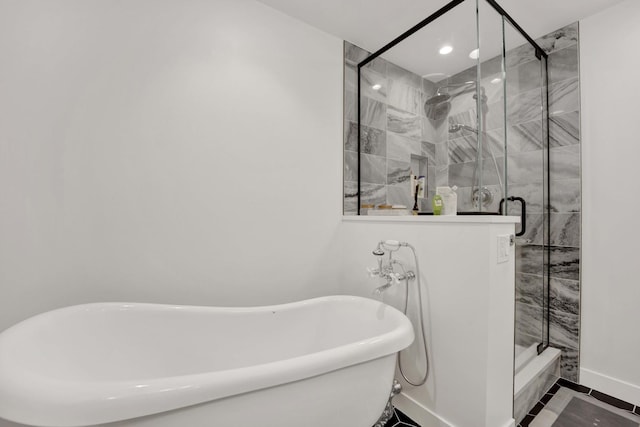 1033 W 14th Pl Unit 337, Chicago, IL 60608 - full bathroom with recessed lighting, a soaking tub, a stall shower, and baseboards