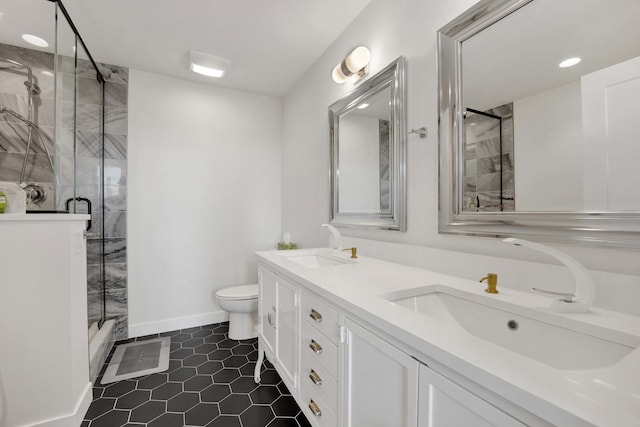 1033 W 14th Pl Unit 337, Chicago, IL 60608 - full bathroom featuring an enclosed shower, double vanity, tile patterned flooring, toilet, and baseboards