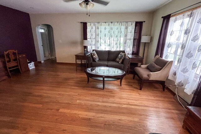 1711 17th Ave, Sterling, IL 61081 - living area with arched walkways, wood finished floors, a ceiling fan, and baseboards