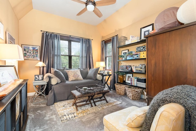 140 N Oak St, Elmhurst, IL 60126 - living room with carpet flooring, a ceiling fan, baseboards, and lofted ceiling