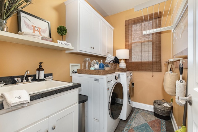 140 N Oak St, Elmhurst, IL 60126 - laundry area featuring cabinet space, independent washer and dryer, baseboards, and tile patterned floors