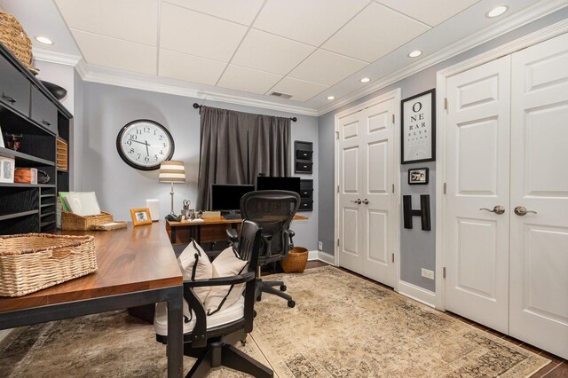140 N Oak St, Elmhurst, IL 60126 - office area with ornamental molding, baseboards, wood finished floors, and recessed lighting