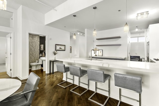 333 N Canal St Unit 2804, Chicago, IL 60606 - kitchen with a sink, light stone counters, a peninsula, dark wood-style floors, and open shelves