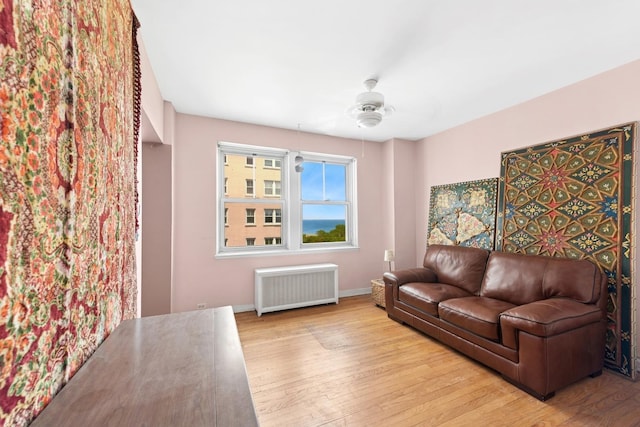 5555 N Sheridan Rd Unit 901A, Chicago, IL 60640 - living room with radiator, wood finished floors, baseboards, and ceiling fan