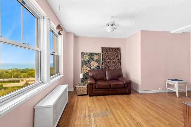 5555 N Sheridan Rd Unit 901A, Chicago, IL 60640 - living area featuring radiator, light wood finished floors, a ceiling fan, and baseboards