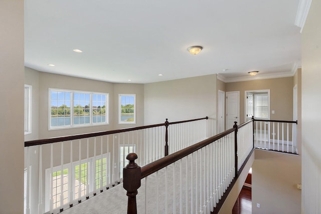 4 Tournament Dr S, Hawthorn Woods, IL 60047 - hall featuring an upstairs landing, ornamental molding, recessed lighting, and wood finished floors