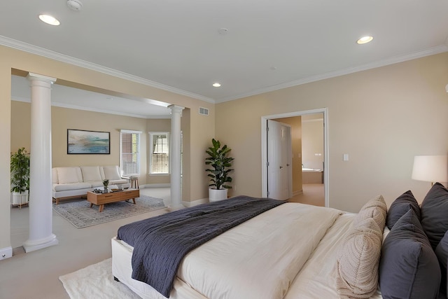 4 Tournament Dr S, Hawthorn Woods, IL 60047 - carpeted bedroom featuring decorative columns, crown molding, baseboards, and recessed lighting