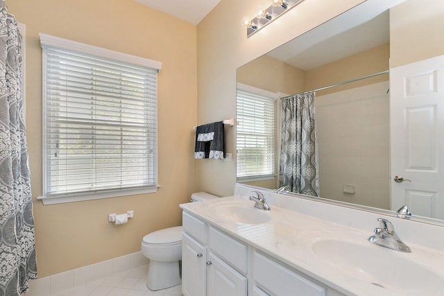 4 Tournament Dr S, Hawthorn Woods, IL 60047 - bathroom featuring double vanity, toilet, baseboards, tile patterned floors, and a shower with curtain
