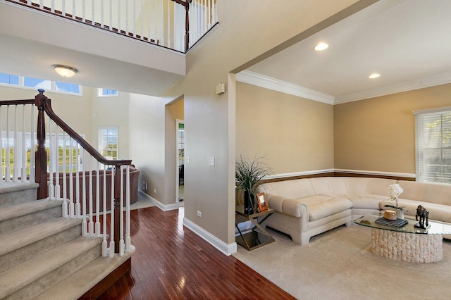 4 Tournament Dr S, Hawthorn Woods, IL 60047 - living area with baseboards, stairway, ornamental molding, wood-type flooring, and recessed lighting