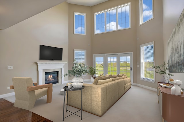 4 Tournament Dr S, Hawthorn Woods, IL 60047 - living room with baseboards, a towering ceiling, and a glass covered fireplace