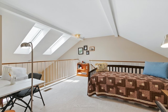 carpeted bedroom with a skylight