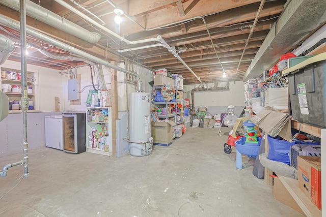 6124 Chase Ave, Downers Grove, IL 60516 - unfinished below grade area featuring gas water heater, electric panel, and fridge