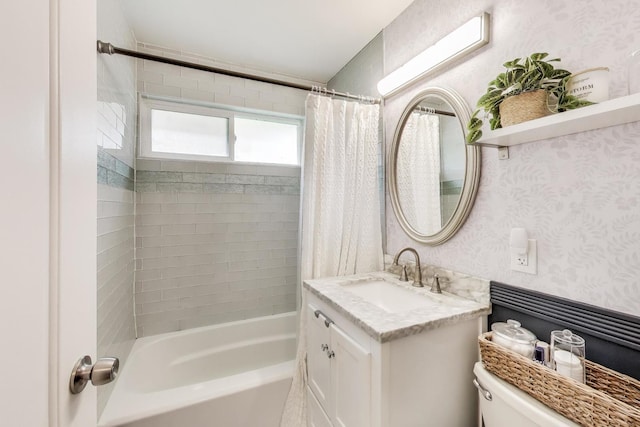 614 Beach Ave, La Grange Park, IL 60526 - bathroom featuring wallpapered walls, shower / tub combo, and vanity