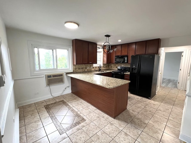 6842 W Lode Dr Unit 3B, Worth, IL 60482 - kitchen featuring black appliances, a peninsula, light tile patterned floors, a sink, and an AC wall unit