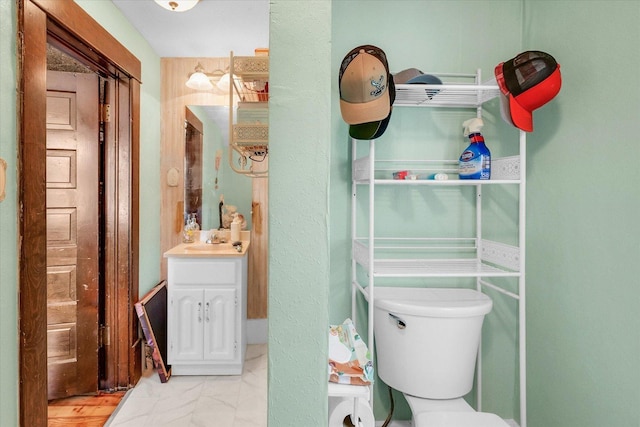 138 N Elm St, Paxton, IL 60957 - bathroom with vanity, toilet, and marble look tile flooring