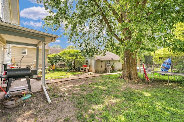 138 N Elm St, Paxton, IL 60957 - view of grassy yard featuring a trampoline and an outdoor structure
