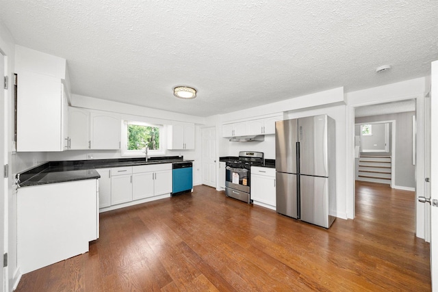 23951 N Lakeside Dr, Lake Zurich, IL 60047 - kitchen with stainless steel appliances, dark wood-type flooring, white cabinetry, dark countertops, and under cabinet range hood