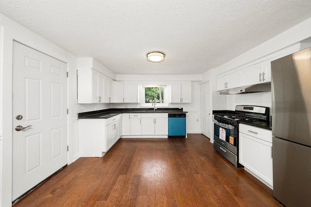23951 N Lakeside Dr, Lake Zurich, IL 60047 - kitchen with appliances with stainless steel finishes, under cabinet range hood, dark wood-style floors, white cabinetry, and a textured ceiling