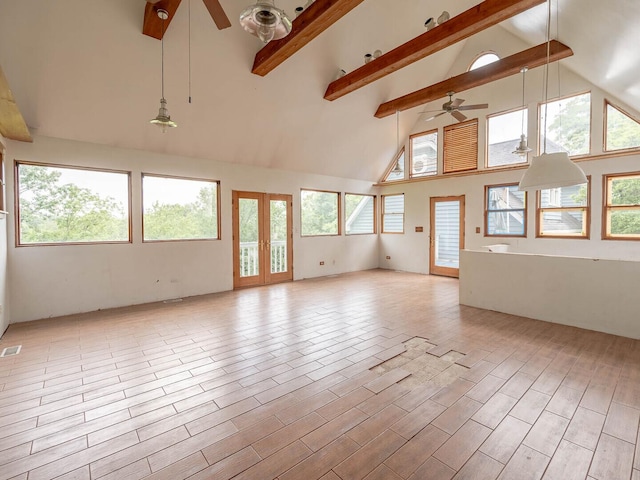 4513 Schwartz Ave, Lisle, IL 60532 - unfurnished living room with a ceiling fan, beamed ceiling, high vaulted ceiling, and light wood finished floors
