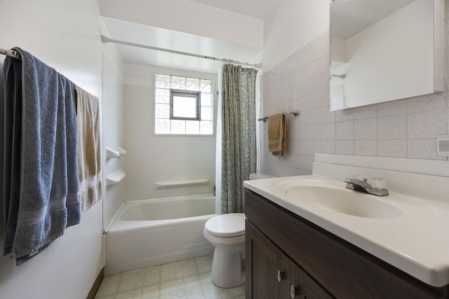 26W331 Geneva Rd, Wheaton, IL 60187 - bathroom with vanity, toilet, shower / bathtub combination with curtain, tile patterned floors, and tile walls