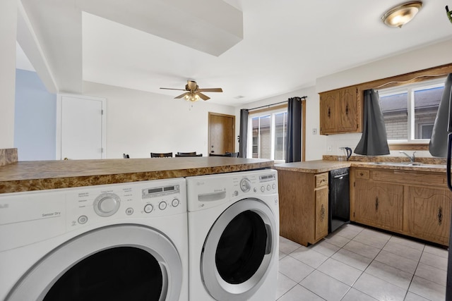 5739 W 63rd St Unit 3S, Chicago, IL 60638 - washroom featuring separate washer and dryer, light tile patterned floors, and ceiling fan
