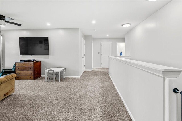 6904 Spruce Ct, Wonder Lake, IL 60097 - carpeted living room featuring a ceiling fan, baseboards, and recessed lighting