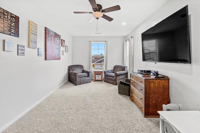 6904 Spruce Ct, Wonder Lake, IL 60097 - living area with light carpet, a ceiling fan, baseboards, and recessed lighting