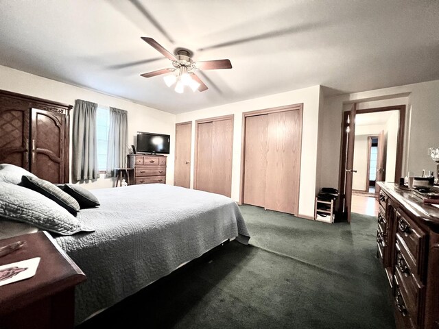9214 S Sacramento Ave, Evergreen Park, IL 60805 - bedroom featuring multiple closets, dark colored carpet, and a ceiling fan