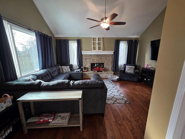 3331 Banford Cir, Lake In The Hills, IL 60156 - living area with vaulted ceiling, ceiling fan, dark wood-type flooring, and a stone fireplace