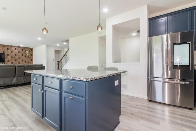 3751 Peregrine Way, Elgin, IL 60124 - kitchen featuring smart refrigerator, light wood-type flooring, blue cabinets, light stone countertops, and a kitchen island