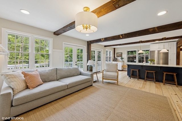 3622 Fairview Ave, Downers Grove, IL 60515 - living room with light wood-style flooring, beam ceiling, recessed lighting, and french doors