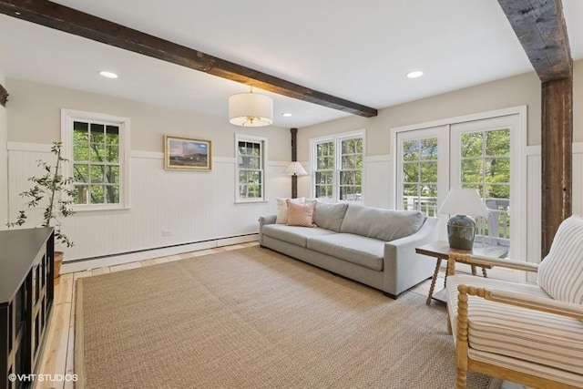 3622 Fairview Ave, Downers Grove, IL 60515 - living room featuring wainscoting, baseboard heating, beamed ceiling, recessed lighting, and light wood finished floors