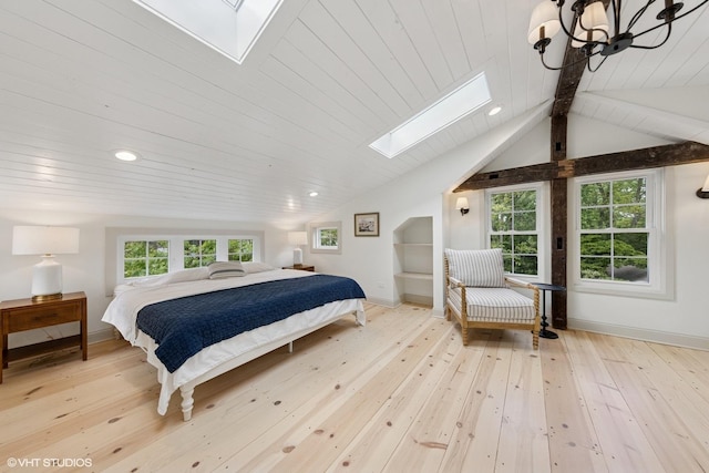 3622 Fairview Ave, Downers Grove, IL 60515 - bedroom with a skylight, hardwood / wood-style floors, wood ceiling, recessed lighting, and a chandelier