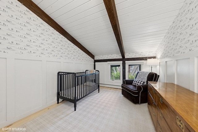 3622 Fairview Ave, Downers Grove, IL 60515 - bedroom featuring a baseboard heating unit, a decorative wall, a wainscoted wall, wallpapered walls, and wood ceiling