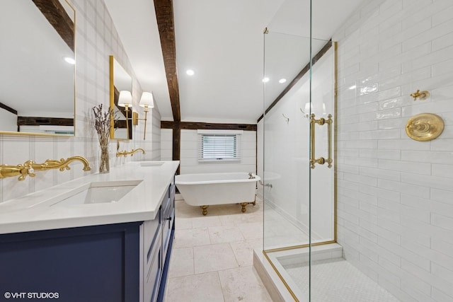 3622 Fairview Ave, Downers Grove, IL 60515 - bathroom with double vanity, a shower stall, a freestanding tub, tile walls, and beamed ceiling