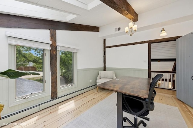 3622 Fairview Ave, Downers Grove, IL 60515 - office with beamed ceiling, a baseboard heating unit, light wood finished floors, wainscoting, and a skylight