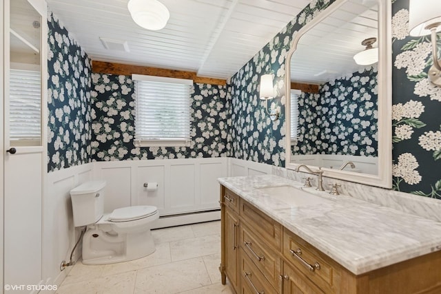 3622 Fairview Ave, Downers Grove, IL 60515 - bathroom featuring wallpapered walls, a baseboard radiator, a wainscoted wall, vanity, and a decorative wall