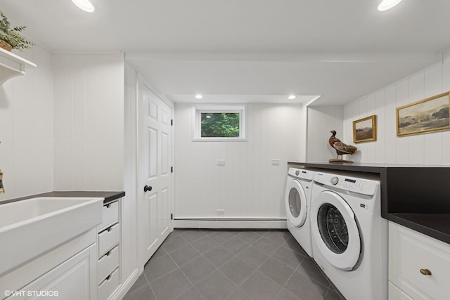 3622 Fairview Ave, Downers Grove, IL 60515 - washroom with a baseboard radiator, independent washer and dryer, dark tile patterned flooring, cabinet space, and recessed lighting