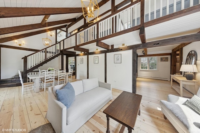 3622 Fairview Ave, Downers Grove, IL 60515 - living area with a chandelier, stairs, hardwood / wood-style floors, high vaulted ceiling, and a wooden ceiling with exposed beams