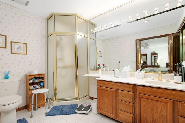 1128 N King Charles Ct, Palatine, IL 60067 - bathroom featuring toilet, wallpapered walls, double vanity, a stall shower, and tile patterned floors