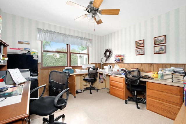 1128 N King Charles Ct, Palatine, IL 60067 - office space with wallpapered walls, a wainscoted wall, light carpet, and ceiling fan