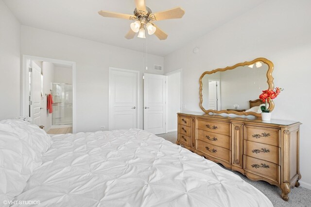 3332 Sheridan Ln, Mundelein, IL 60060 - bedroom featuring light carpet, ceiling fan, and connected bathroom