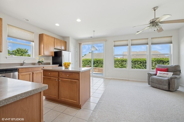 3332 Sheridan Ln, Mundelein, IL 60060 - kitchen with freestanding refrigerator, healthy amount of natural light, light tile patterned floors, and recessed lighting