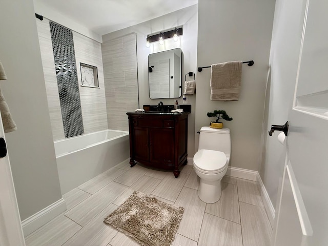 1327 N Pleasant Dr, Round Lake Beach, IL 60073 - full bathroom with toilet, vanity, a heating unit, washtub / shower combination, and baseboards