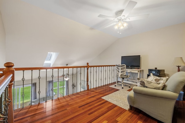 3502 Lake Side Cir, Joliet, IL 60431 - living area featuring wood finished floors, a ceiling fan, lofted ceiling, and a skylight