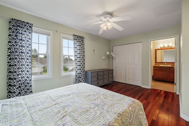 3502 Lake Side Cir, Joliet, IL 60431 - bedroom featuring dark wood-style floors, a closet, a sink, ceiling fan, and ensuite bath