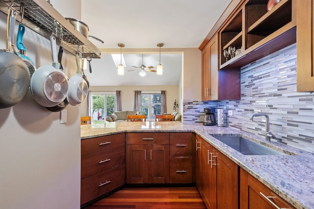 3502 Lake Side Cir, Joliet, IL 60431 - kitchen featuring a sink, a ceiling fan, tasteful backsplash, and dark wood-type flooring
